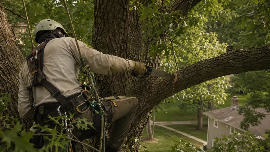 Climber in harness making a hand-saw pruning cut at a branch collar on a mature oak