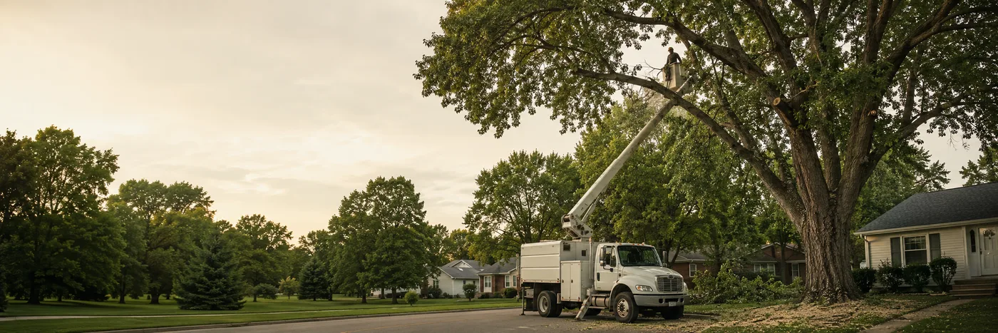 Bucket truck working a mature maple on a residential Elyria street