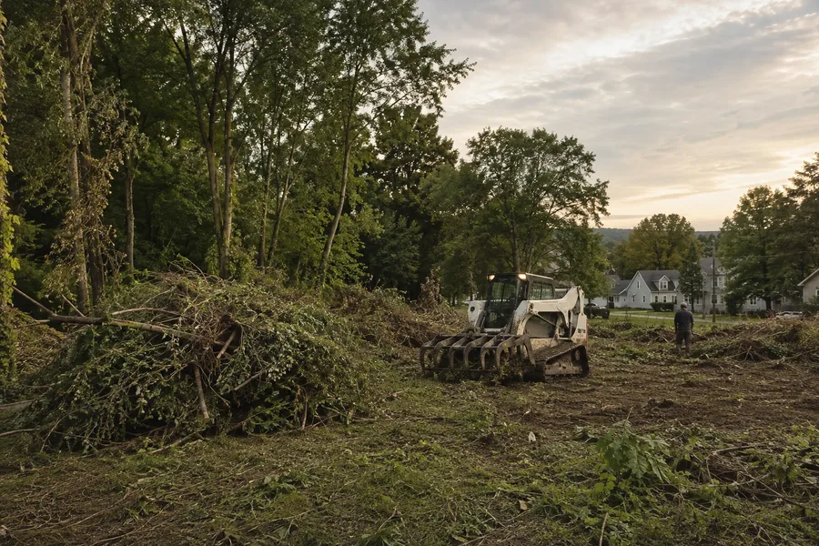 Skid steer with grapple moving brush piles on a partially cleared lot