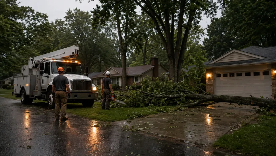 Crew with amber work lights assessing a storm-fallen limb across a driveway at dusk