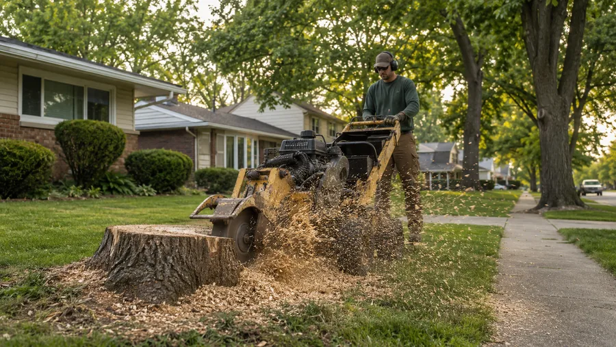 Stump grinder cutting a wide front-yard stump, chips spraying
