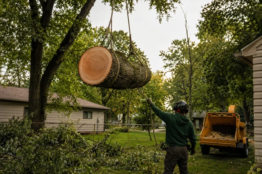 Maple trunk section lowered on rigging ropes with a chipper staged behind
